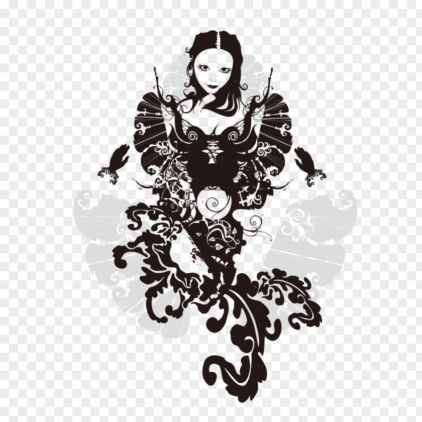 Elegant Woman In Black And White Painting Euclidean Vector Illustration PNG