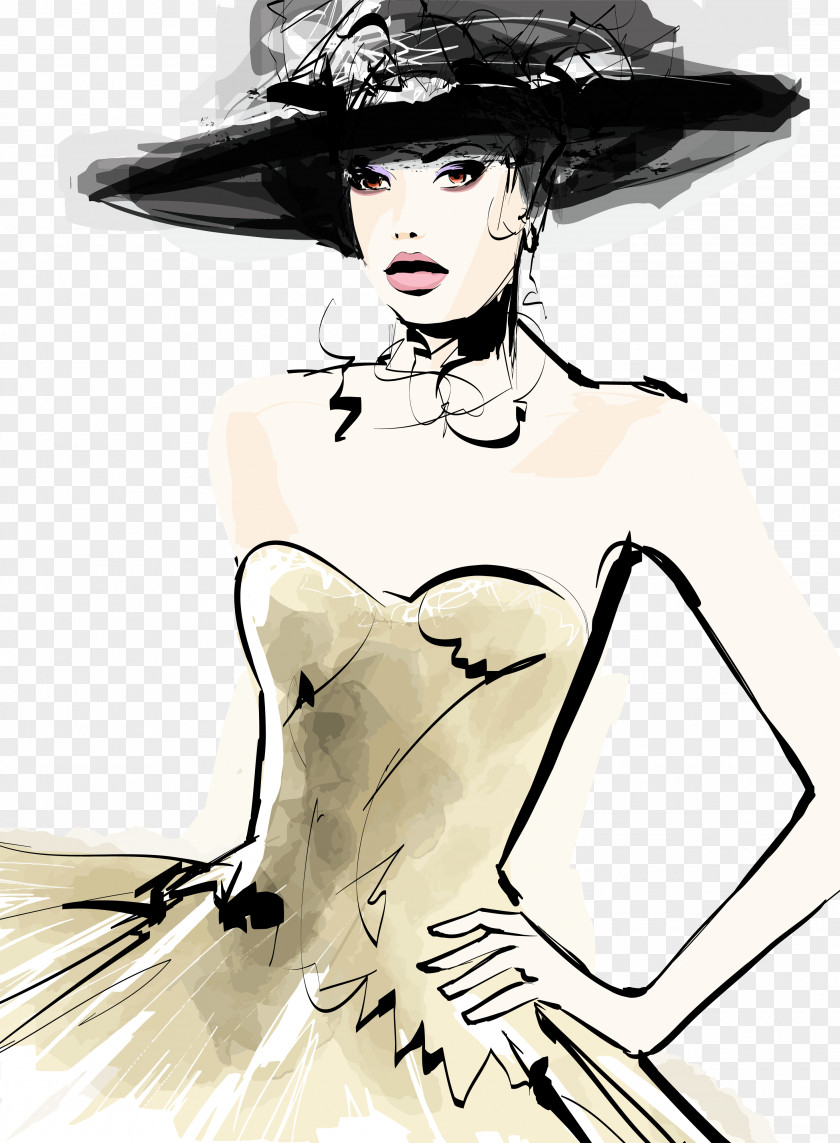 Paris Fashion Hand-painted Beauty Model Hat Drawing PNG