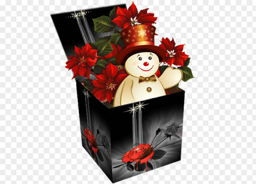 Cartoon Box Of Flowers And Snowman Mrs. Claus Santa Christmas Gift-bringer PNG