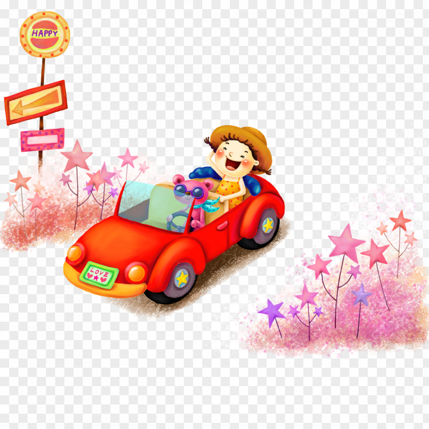 Bear Driving A Red Car And Girls Cartoon Android Text Illustration PNG