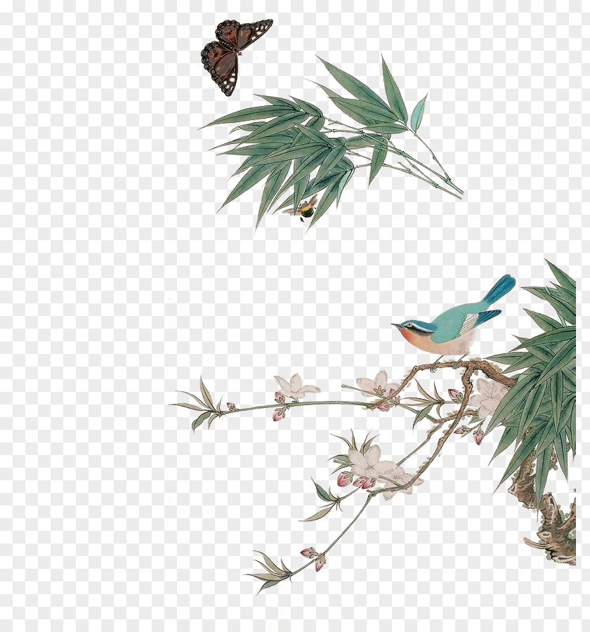 Ppt Design Bamboo Bird-and-flower Painting PNG