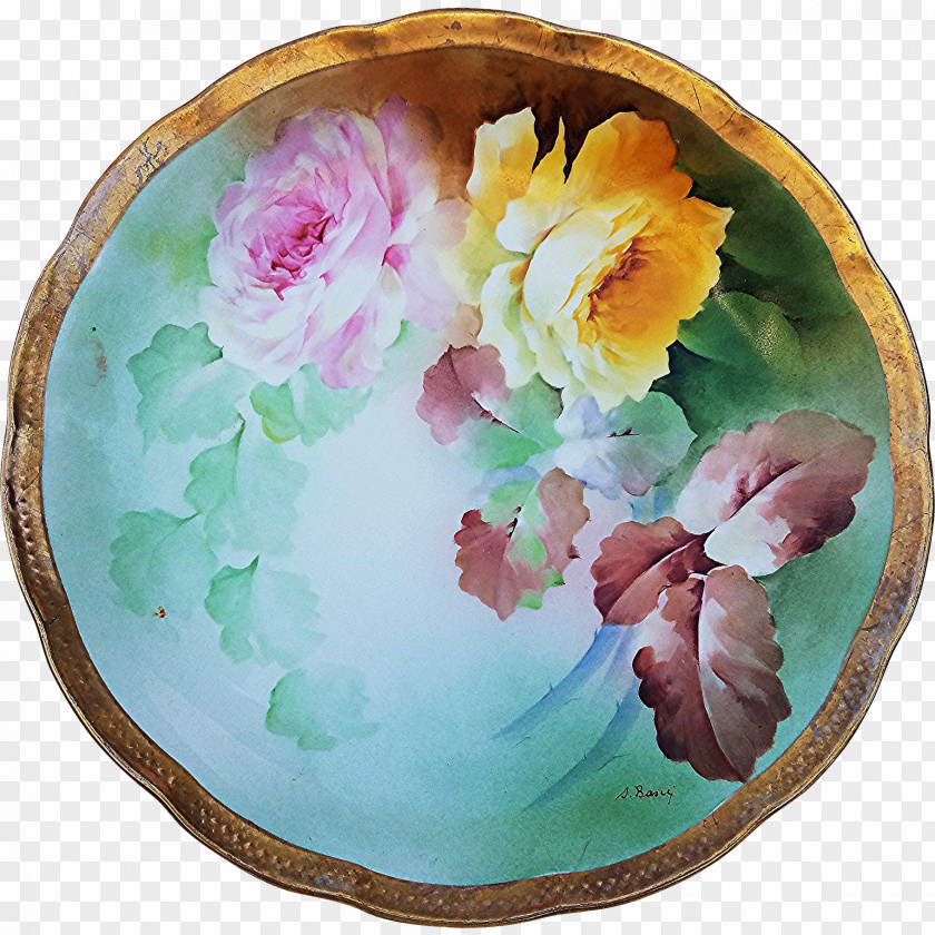 Green Hand Painted Leaf Floral Border Doccia Porcelain Plate Artist Ceramic PNG