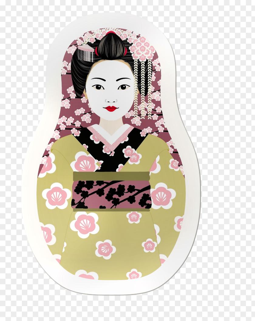 Japanese Paper Clip Matryoshka Doll Geisha Drawing Postcard PNG