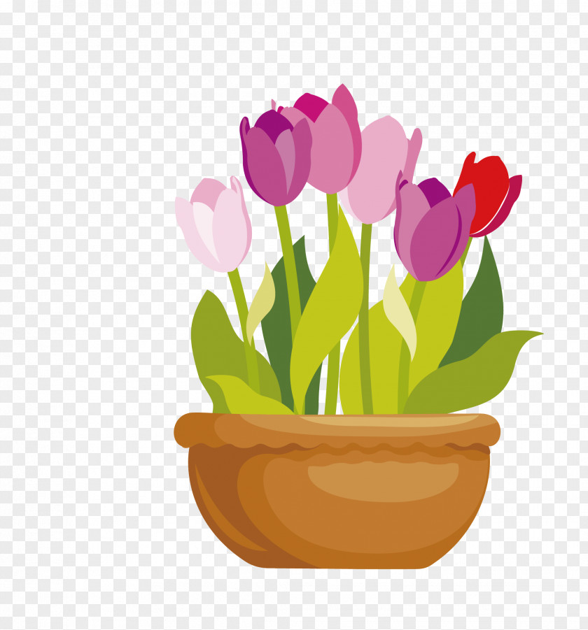 Vector Cartoon Flat Tulip Flowerpot Drawing Clip Art PNG