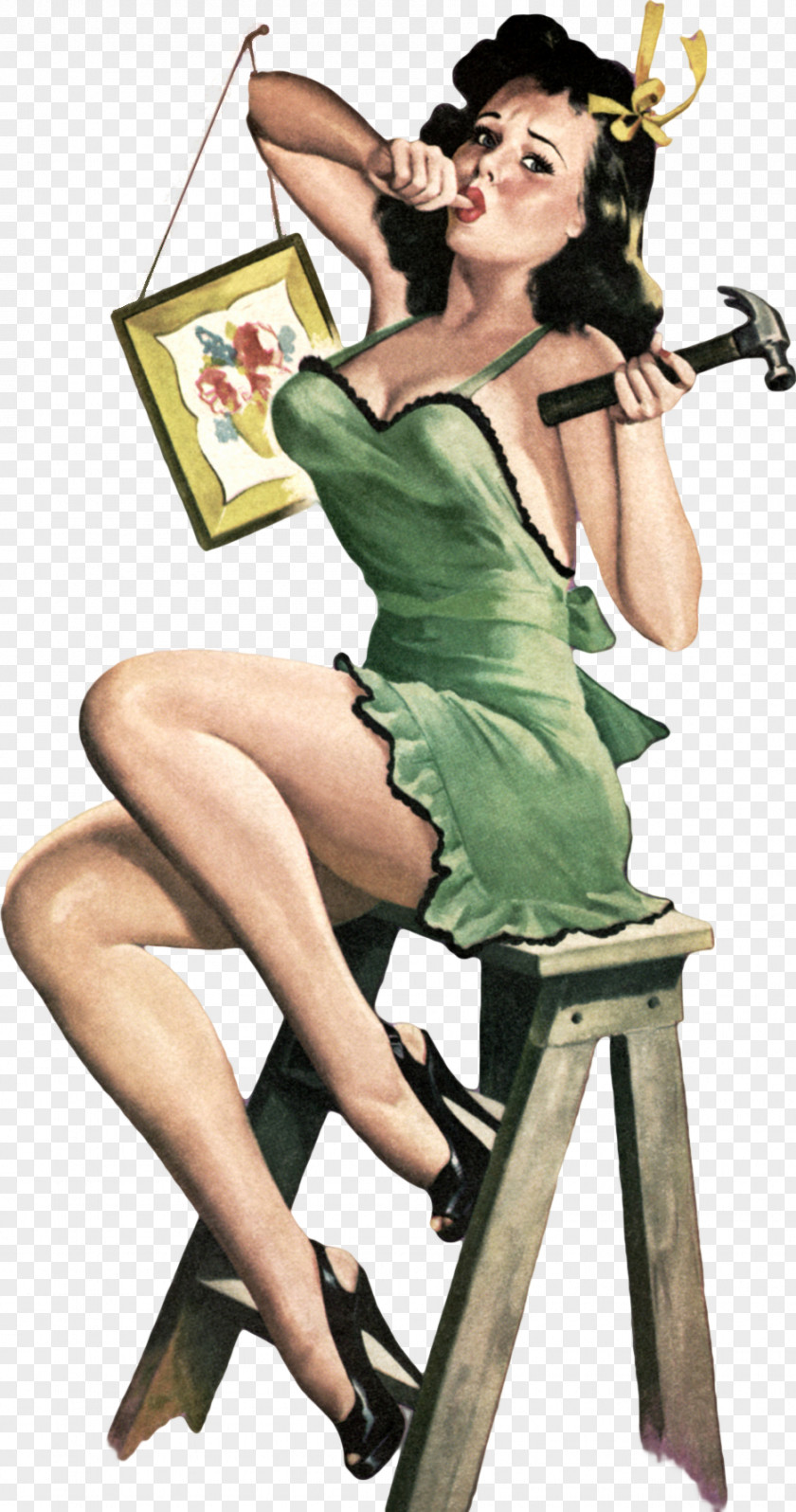Bettie Page Pin-up Girl Painting PNG girl , pin up, woman sitting on stool holding hammer illustration clipart PNG