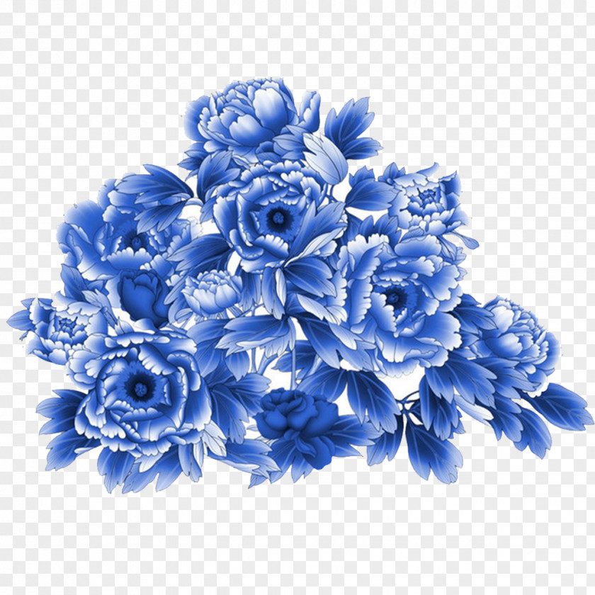 Peony Moutan Blue And White Pottery Illustration PNG