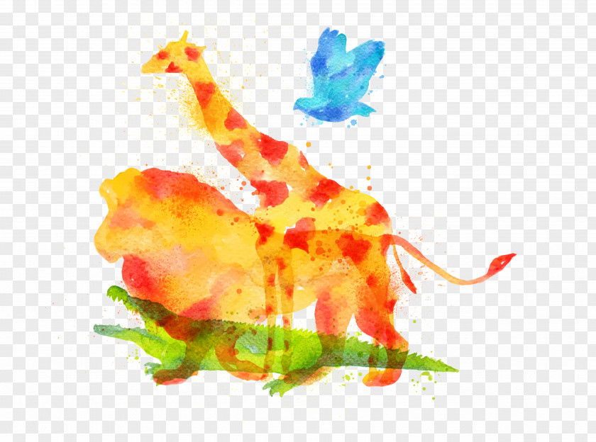 Vector Drawing Lion Giraffe Watercolor Painting PNG
