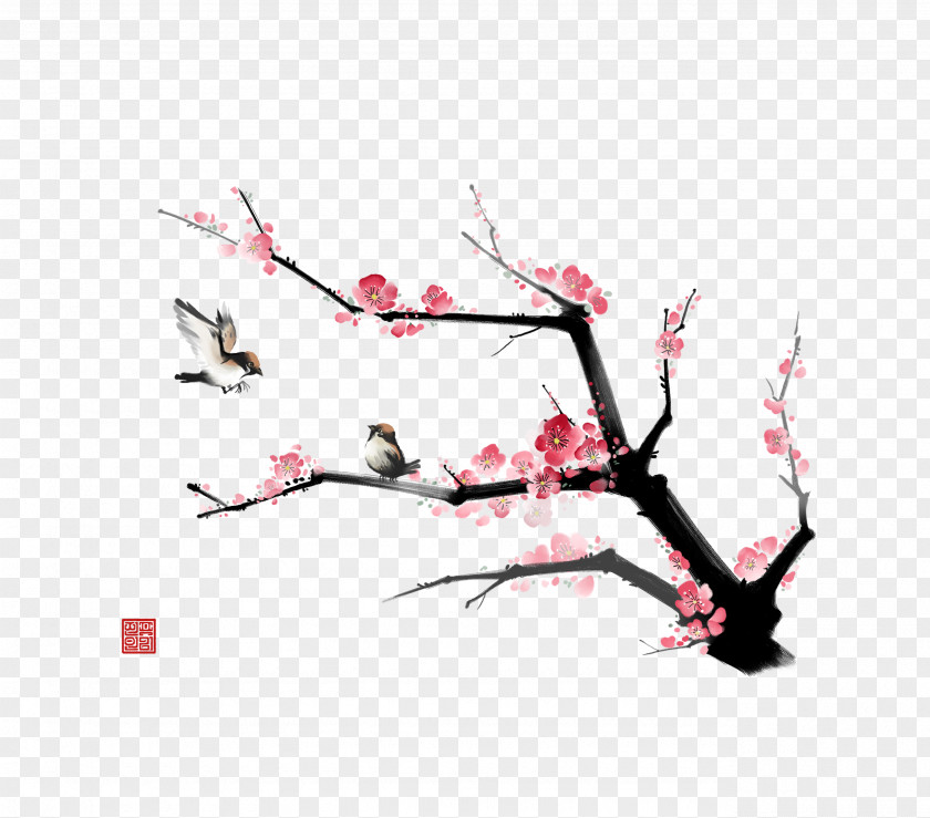 Ink Plum Bird Wash Painting Chinese PNG