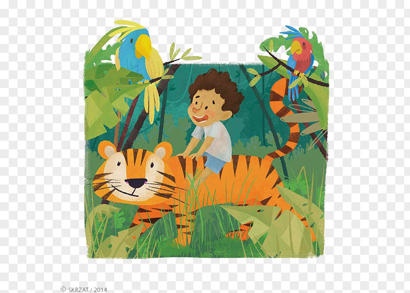 Child Riding A Tiger Illustrator Cartoon Illustration PNG