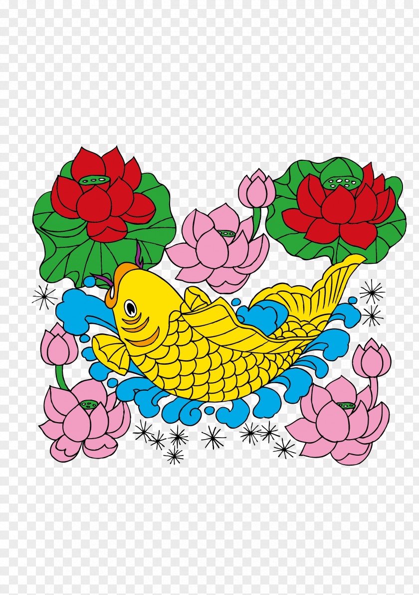 Colored Lotus And Fish Vector Material Floral Design Clip Art PNG