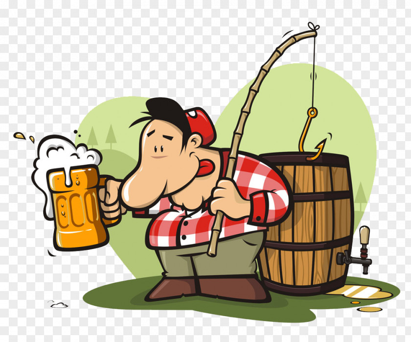 Carrying A Fishing Rod Cartoon Man Drinking Image Beer Oktoberfest Alcoholic Drink PNG
