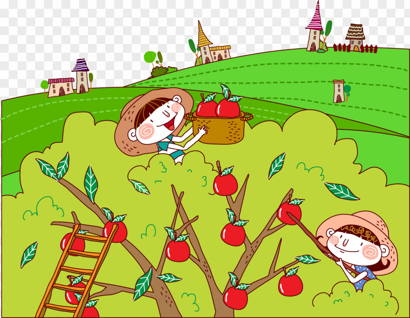 Picking Apples Together Cartoon Auglis Illustration PNG