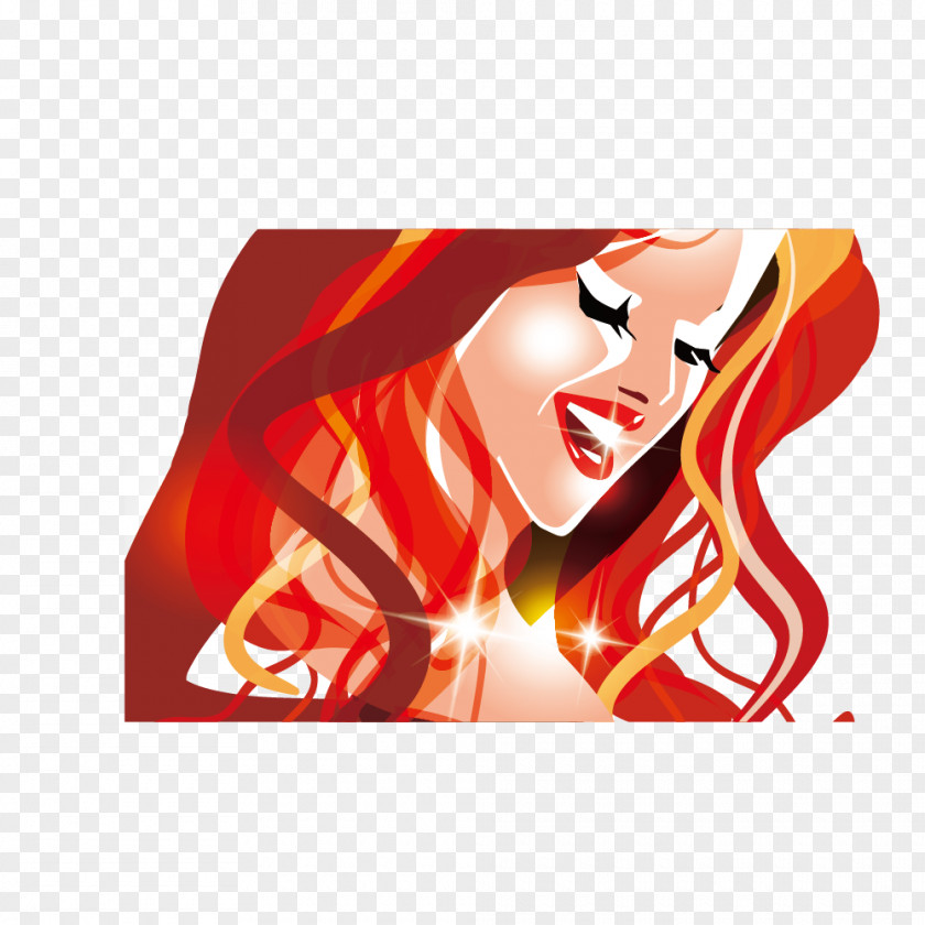 Vector Hand-painted Red-haired Female Fashion Red Hair Long PNG