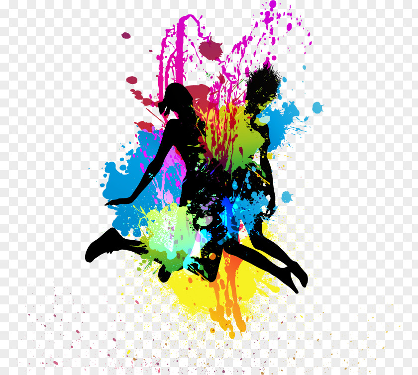 Jumping Silhouette Figures Color Splash PNG