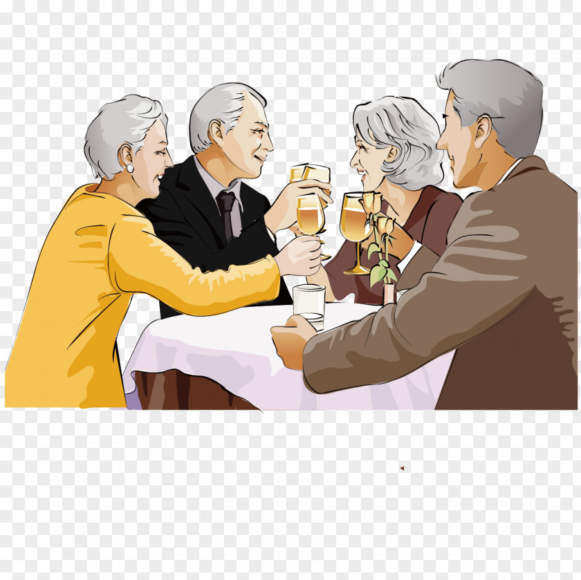Vector Characters Family Dining Tea Old Age Echtpaar Cartoon PNG