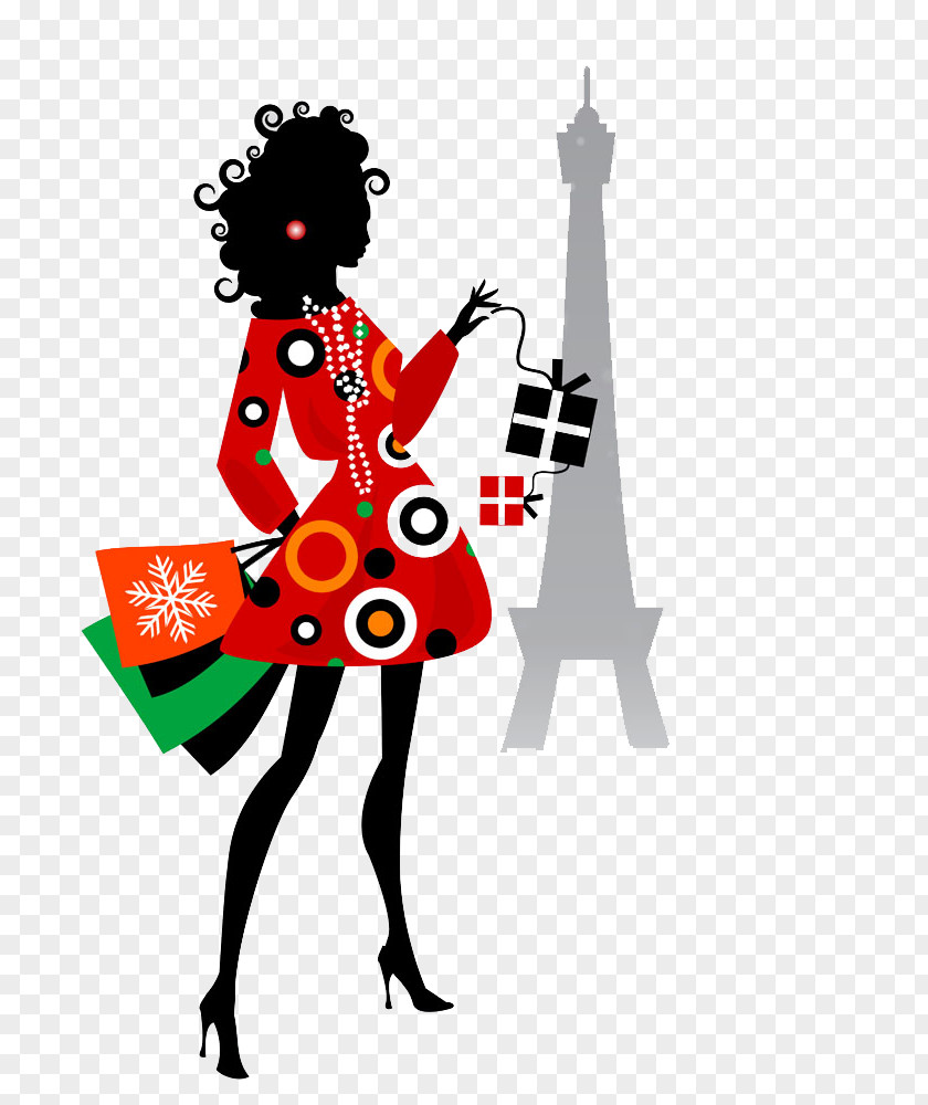 Silhouette Of A Woman With Curly Hair Eiffel Tower Cartoon Illustration PNG