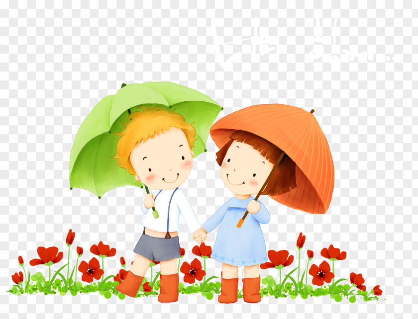 Umbrella Figure Flower Childrens Day Happiness Wish Wallpaper PNG