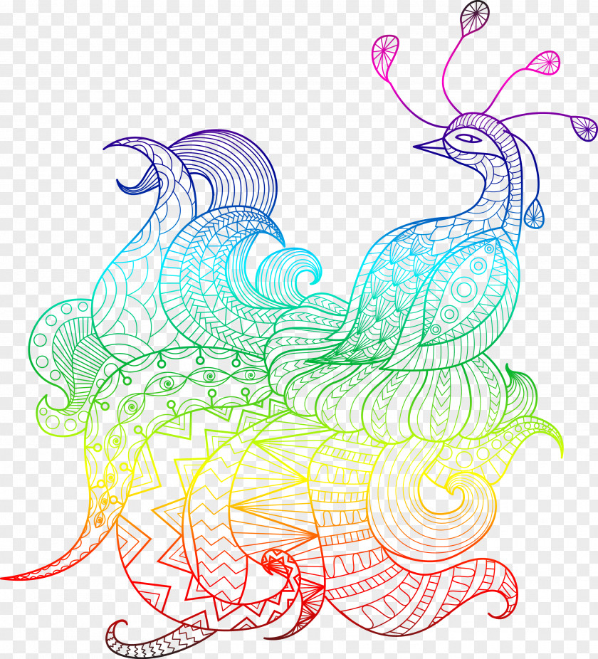 Vector Colorful Phoenix Material Bird Drawing Peafowl Line Art PNG