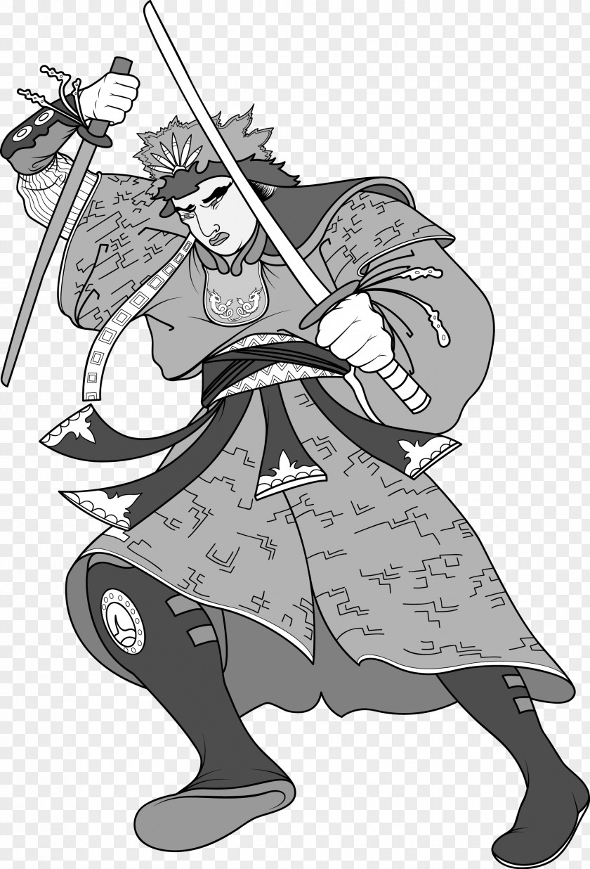 Japanese Ninja Bodyguard Warrior Black And White Picture Samurai Illustration PNG