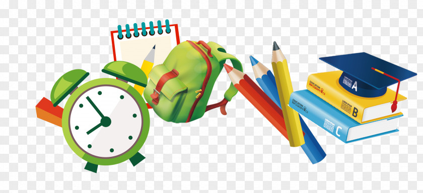 Hand-painted School Season Cartoon Pencil Bag Book Calendar Clock Drawing PNG