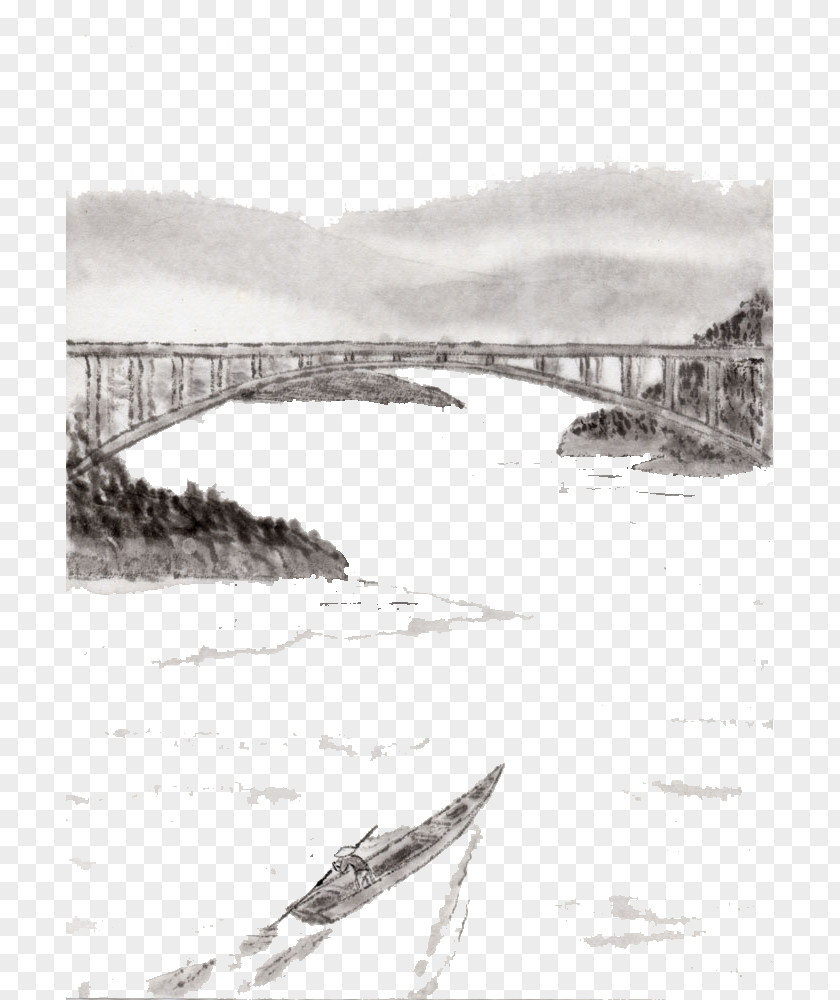 Yangtze River Bridge Ink Wash Painting Shan Shui Illustration PNG