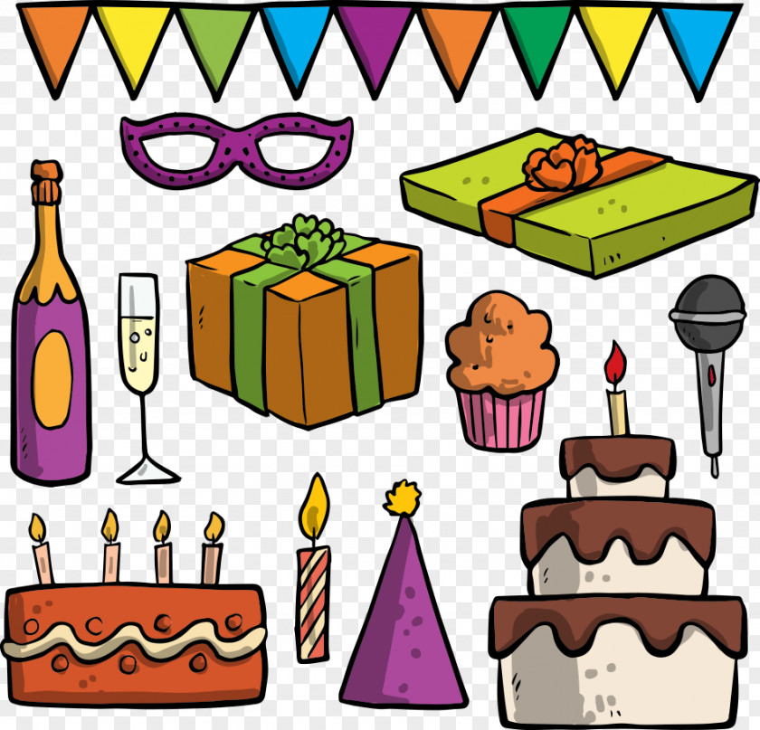 Vector Birthday Gift Box And Pull The Flag Cake Clip Art PNG