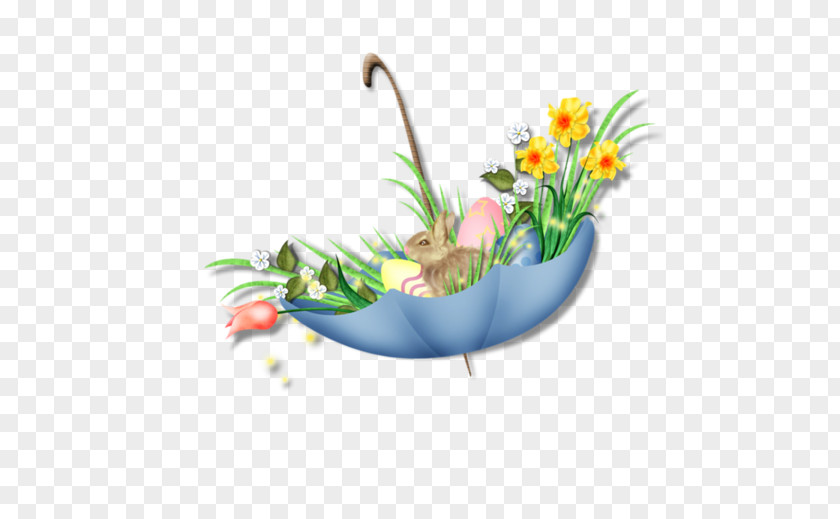 Umbrella In The Flowers And Bunny Picture Floral Design PNG