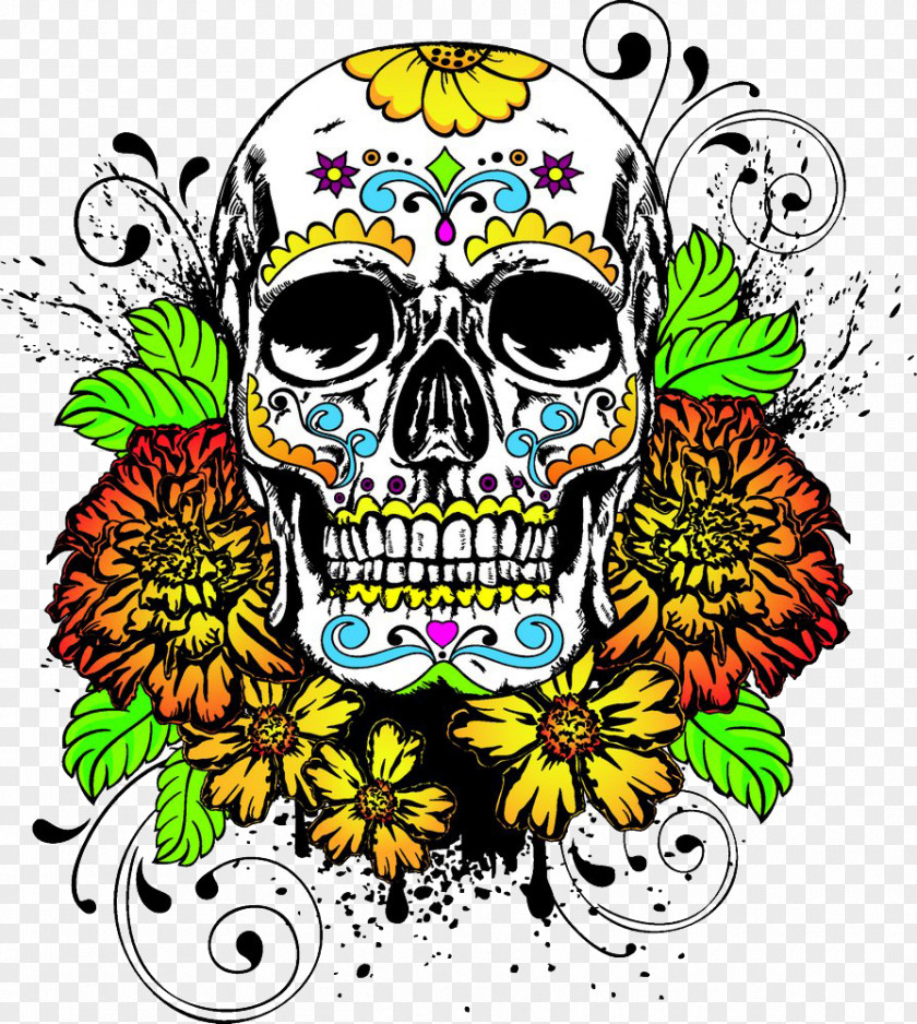 Color Skeleton Head Skull Calavera Marigold Day Of The Dead Human Symbolism Death PNG