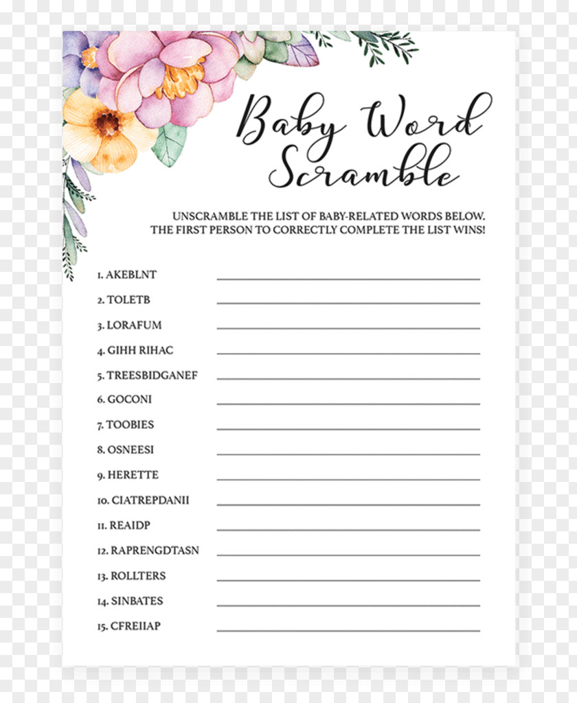 Baby Shower Flowers Scrabble Oriental Trading Company Word Scramble Game PNG