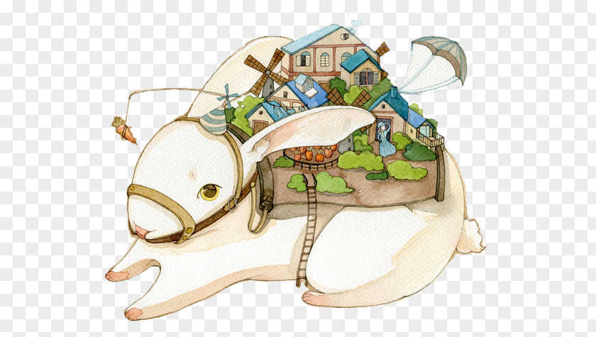 Rabbit Carrying A Small Town Watercolor Painting Illustration PNG