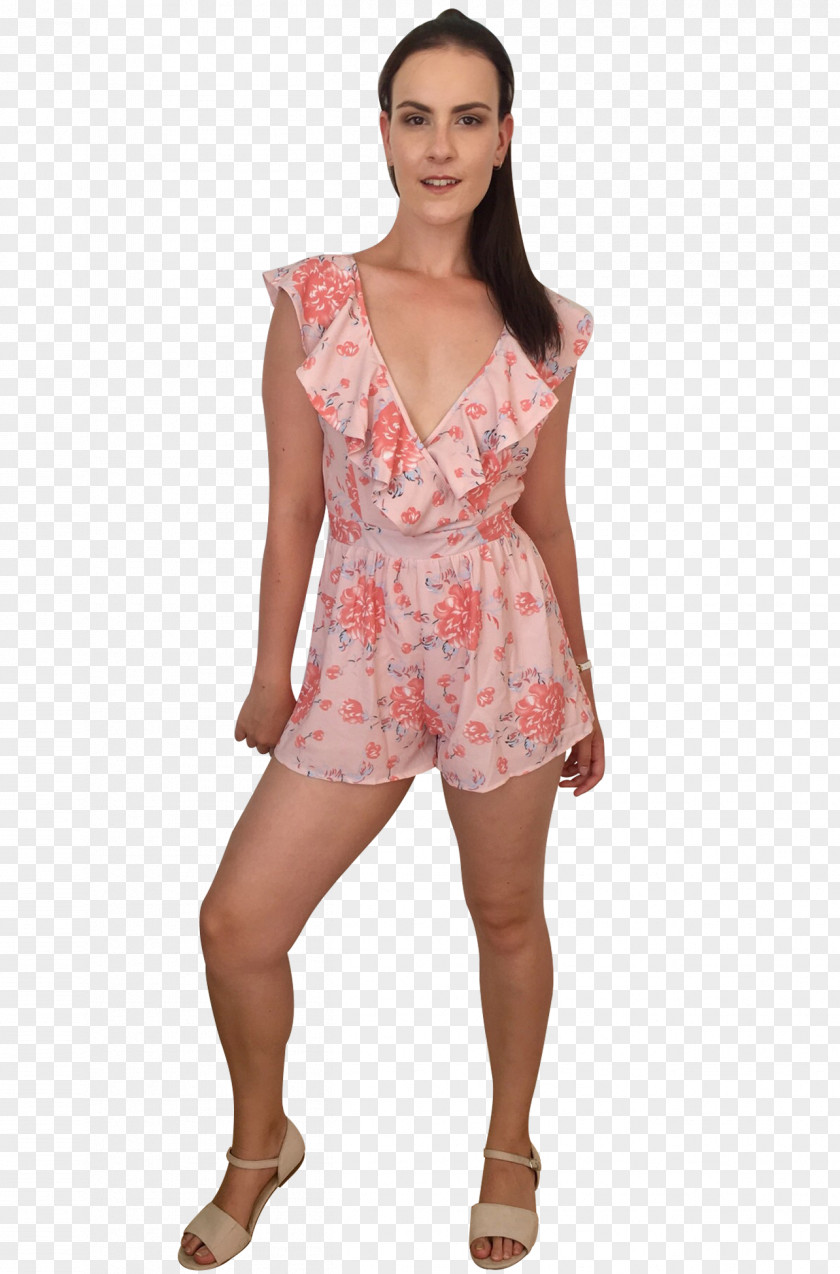 Blush Pink Floral Playsuit Neckline Fashion Sleeve Dress PNG