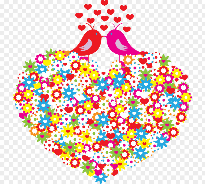 Heart-shaped Hand-painted Flowers And Birds Pattern PNG