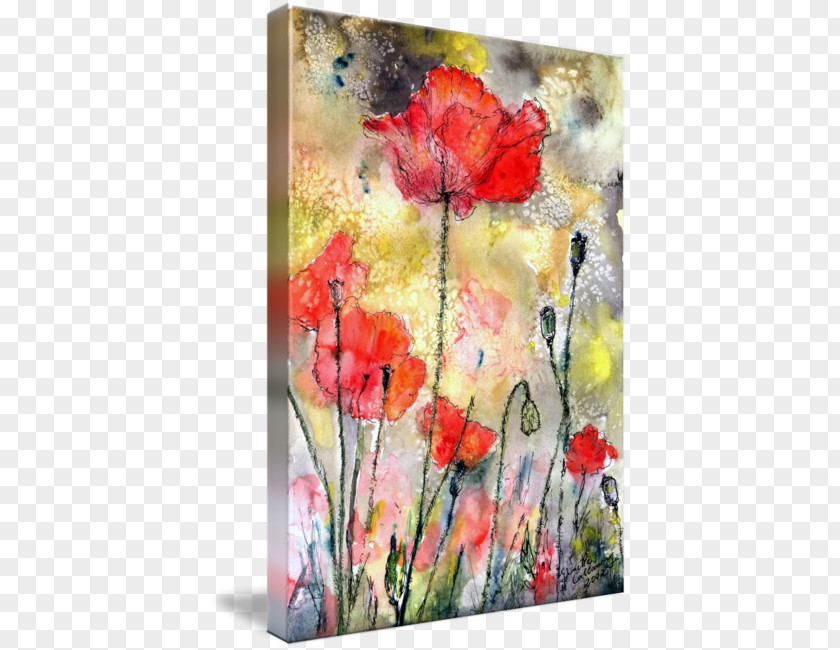 Ink Watercolor Painting Floral Design Poppy Art Gallery Wrap PNG