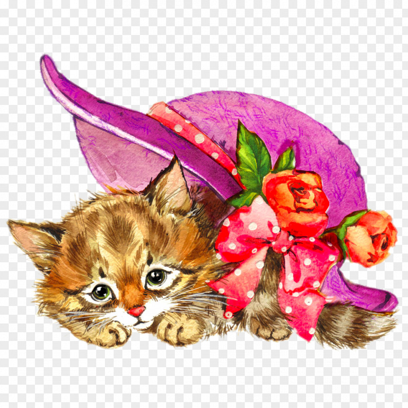 Watercolor Cartoon Cat Kitten Watercolour Flowers Painting Illustration PNG