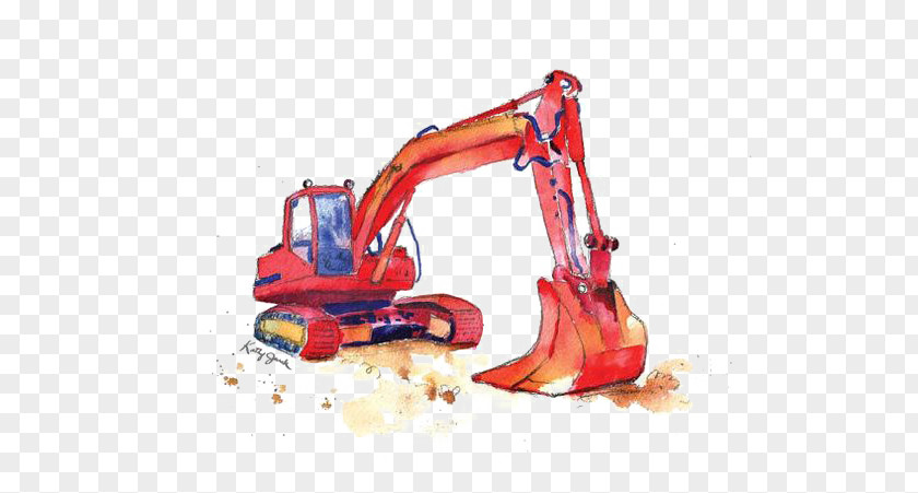 Cartoon Excavator Watercolor Painting Truck Crane Machine PNG