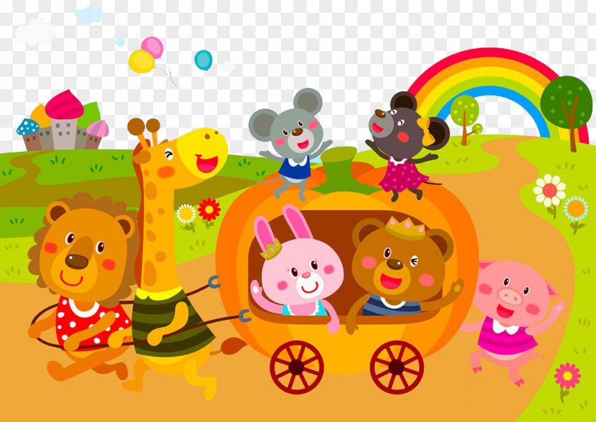 Animals Pull The Pumpkin Car Banner Illustration PNG