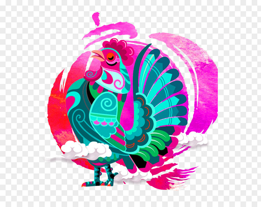 Purple Cartoon Cock Decoration Pattern Chinese New Year Poster Zodiac Happiness Years Day PNG