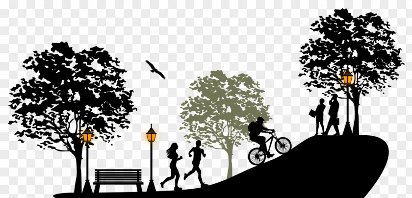 Hand Drawn Silhouette Running In The Park Cycling Scene Urban PNG