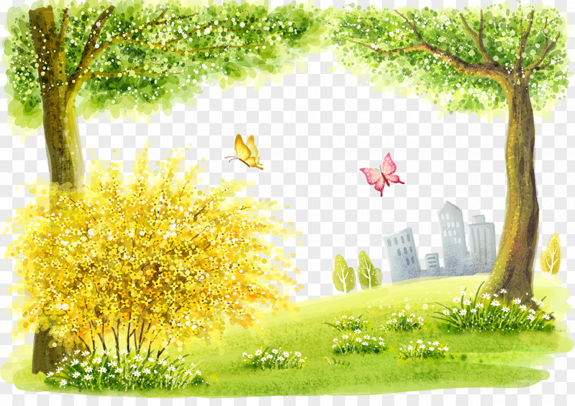 Cartoon Golden Trees And Butterflies Watercolor Painting Landscape Illustration PNG