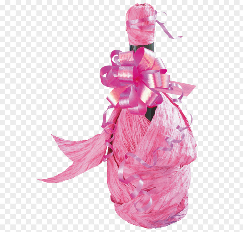 Pink Ribbon Bow Paper Wrapping Wine Champagne Bottle PNG