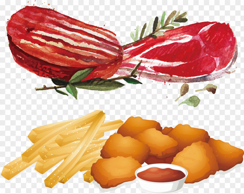 Hand Painted Watercolor Meat Chicken Nugget French Fries Hamburger Fast Food Fingers PNG