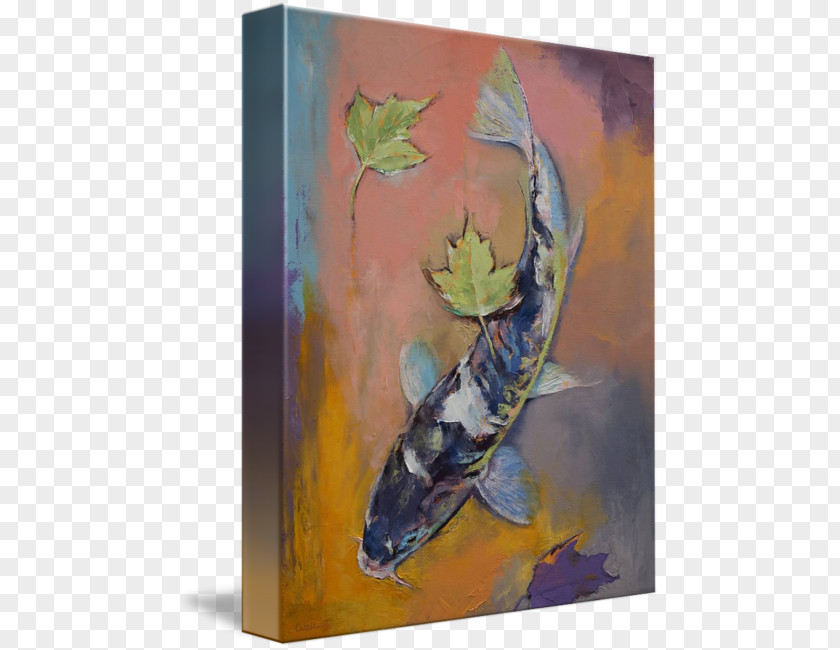 Japanese Maple Koi Watercolor Painting Modern Art Canvas Print PNG