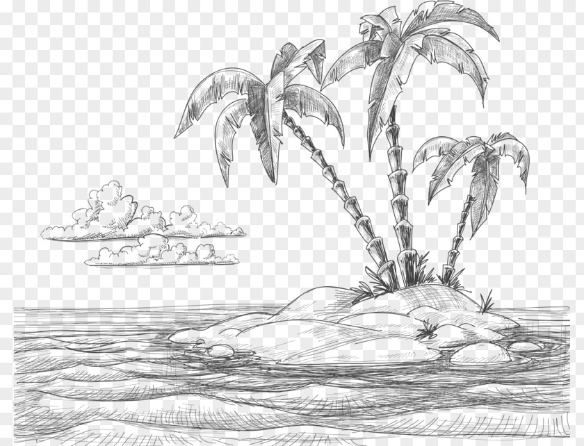 Hand-painted Beach Drawing Sketch PNG