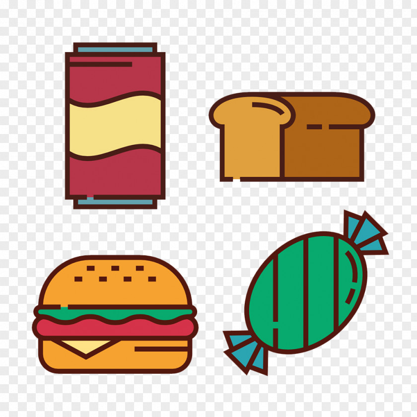 Hand Painted Black Lines Bread Burger Candy Hamburger French Fries Pudding Fried Chicken Food PNG