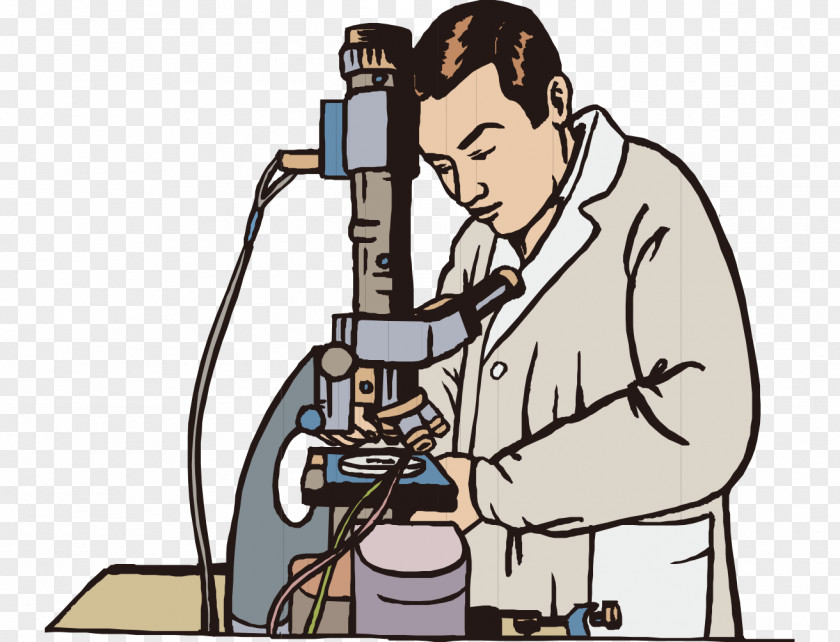 Under The Microscope Modern Hand-painted Cartoon Man Experiment Scientist Clip Art PNG