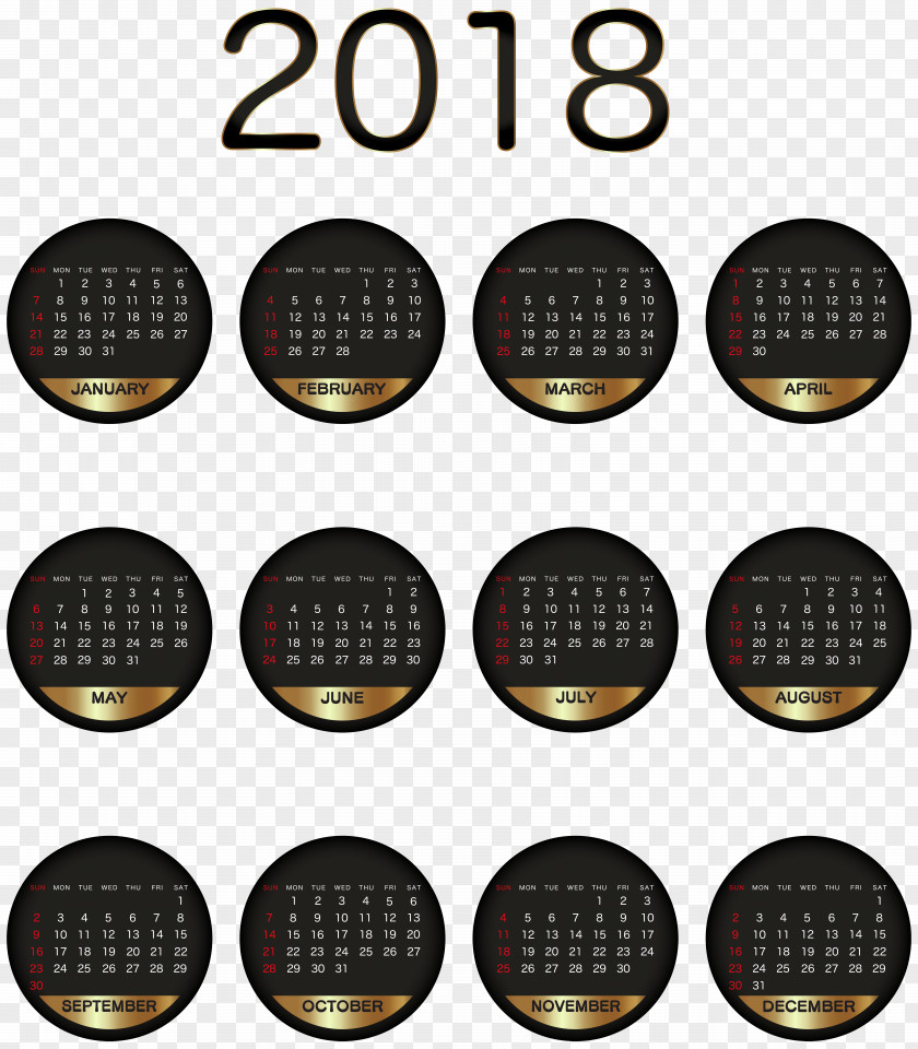2018 Calendar Black Gold Transparent Image Clip Art PNG