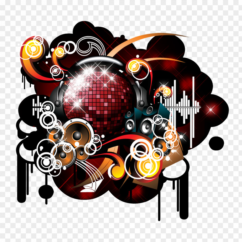 Rock Music Rhythm PNG music Rhythm, background, red mirror ball and speakers illustration clipart PNG
