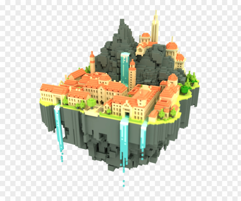 Floating Voxel Island Pixel Art 3D Computer Graphics PNG