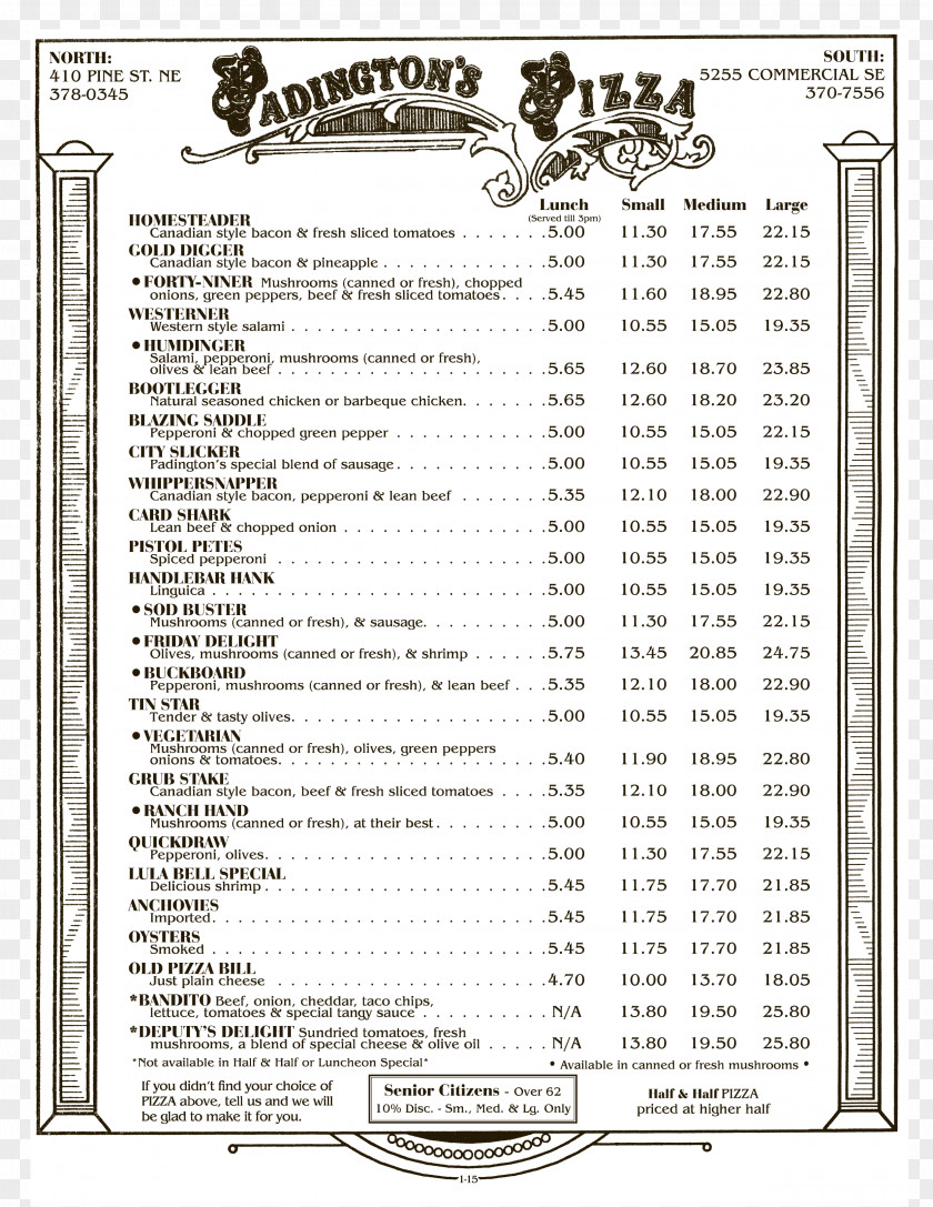 Menus Pizza Padington's Location Bend Fizzy Drinks PNG