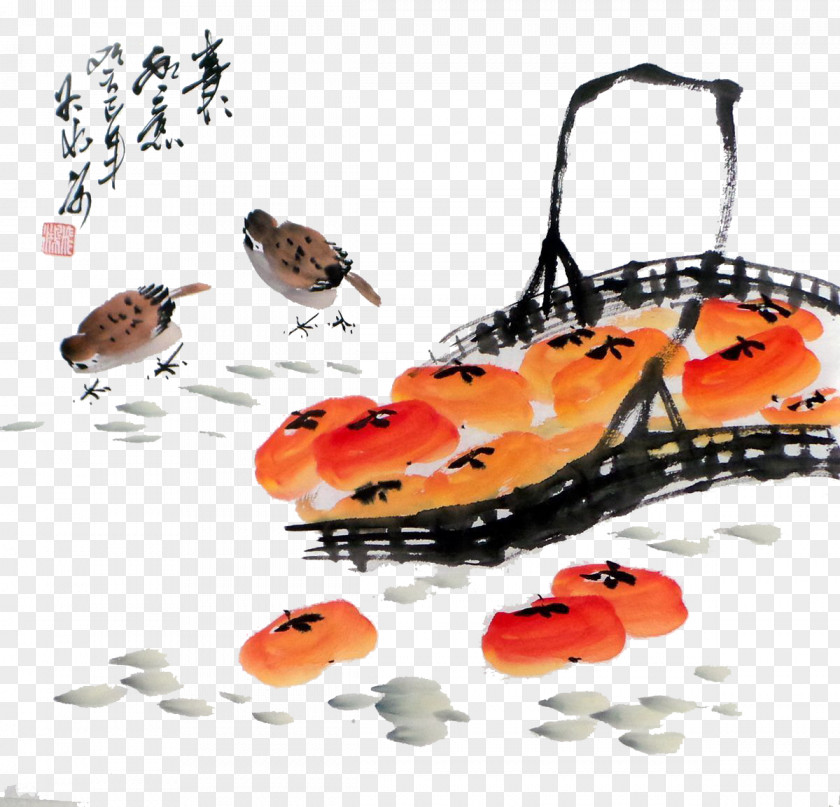 A Basket Of Persimmon Chinese Painting Bird-and-flower Gongbi Japanese PNG